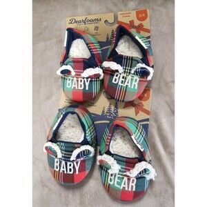 Dearfoams Slippers 2 Pair Memory Foam Plaid Plush Baby Bear Slip On Kid Size 3/4